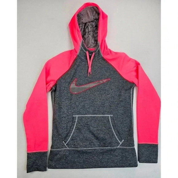 Nike Therma Fit Size Small Women's Pullove Gray Pink Sleeves Thumb Slot Hoodie - Picture 1 of 11
